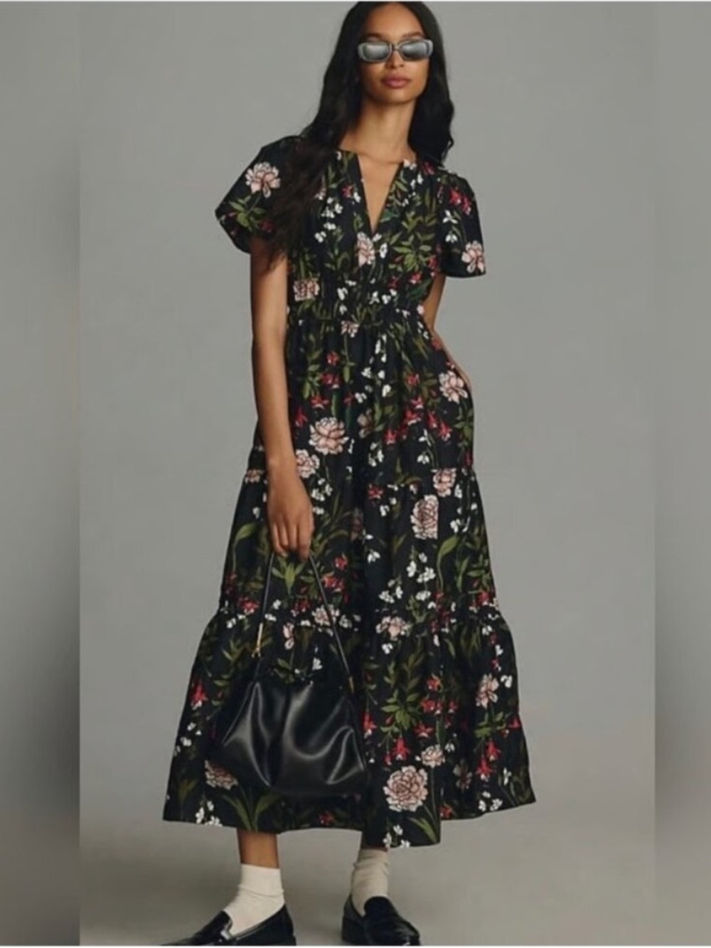 Anthropologie The Somerset Black Floral Garden Tiered Smocked Maxi Dress Cozy 1X